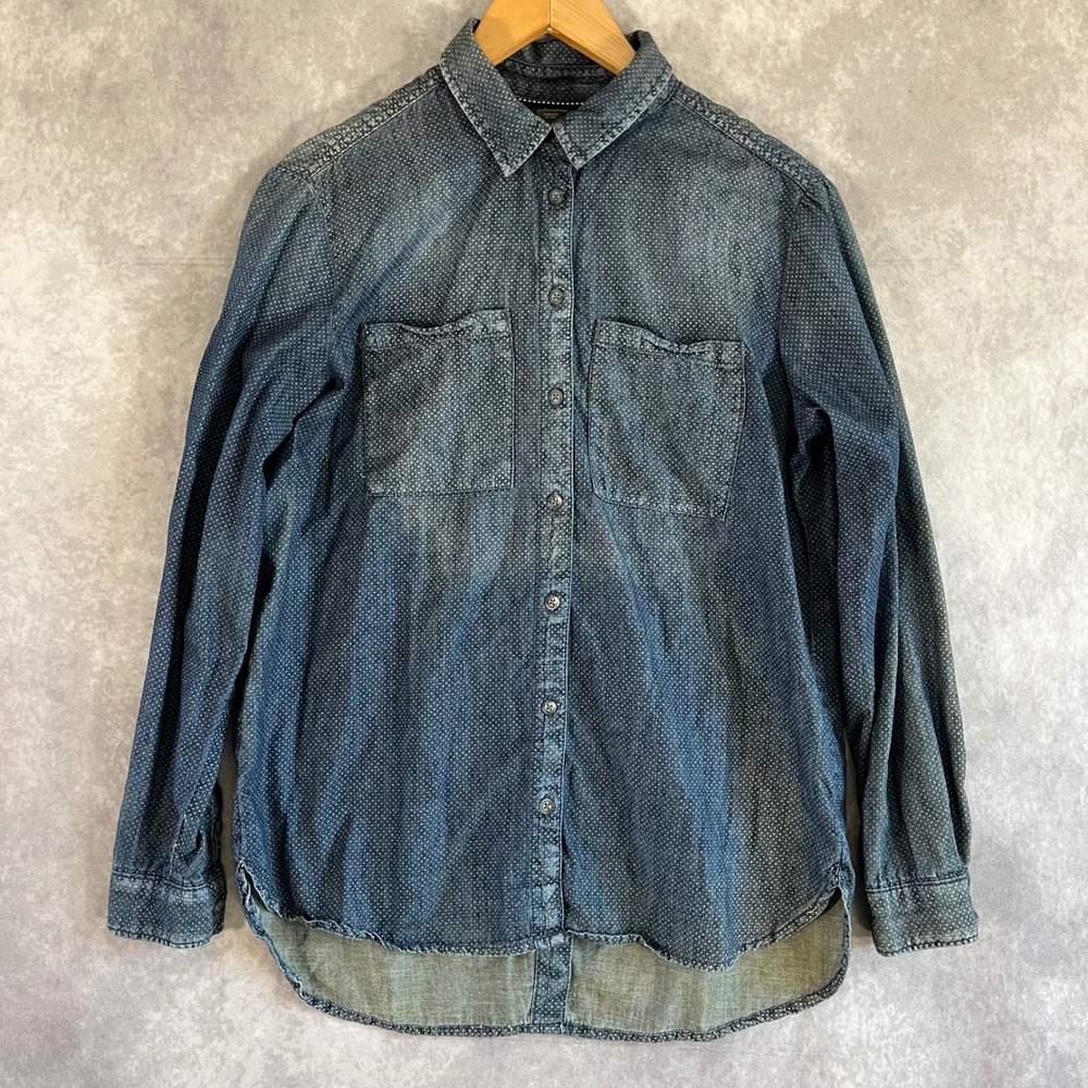 Pilcro Anthropologie Denim Button Down Shirt Womens S Blue Polka Dot Split Back